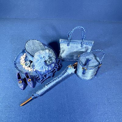 Blue Hat, Parasol, Shoes & Bags Set